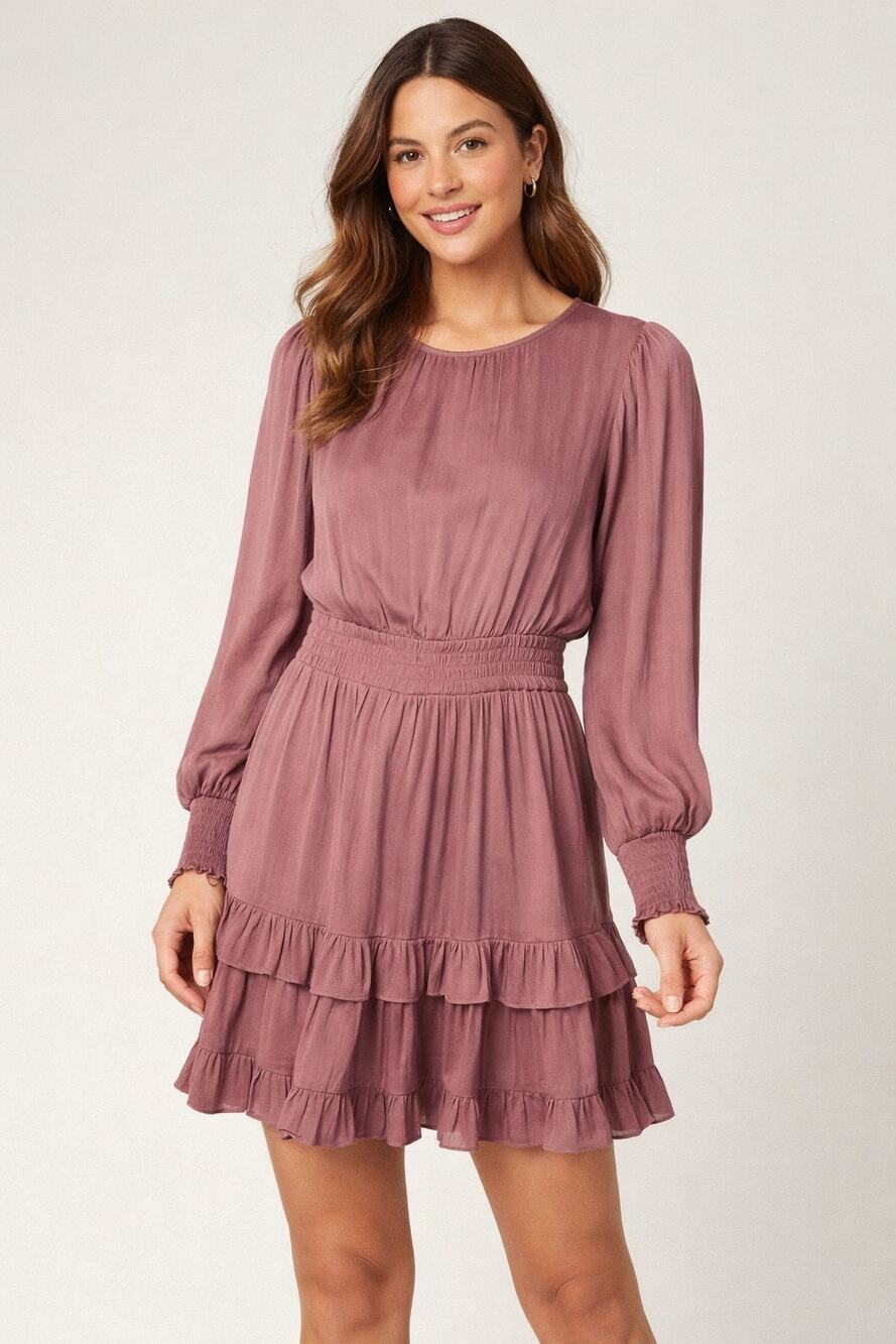 Evereve Mauve Satin Smocked Waist Ruffle Hem Long Sleeve Mini Dress S